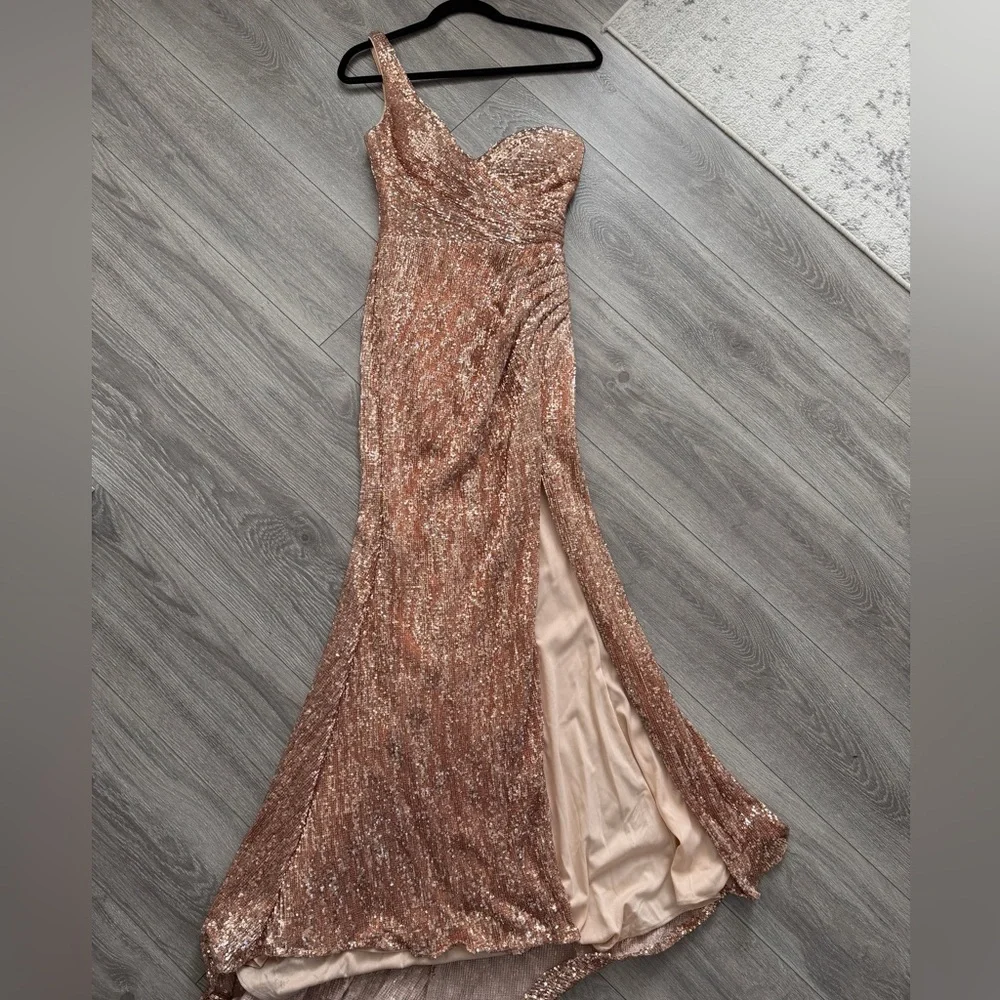 Prom Dress Strapless Rose Gold Sequin Dress - Picture 1 of 8